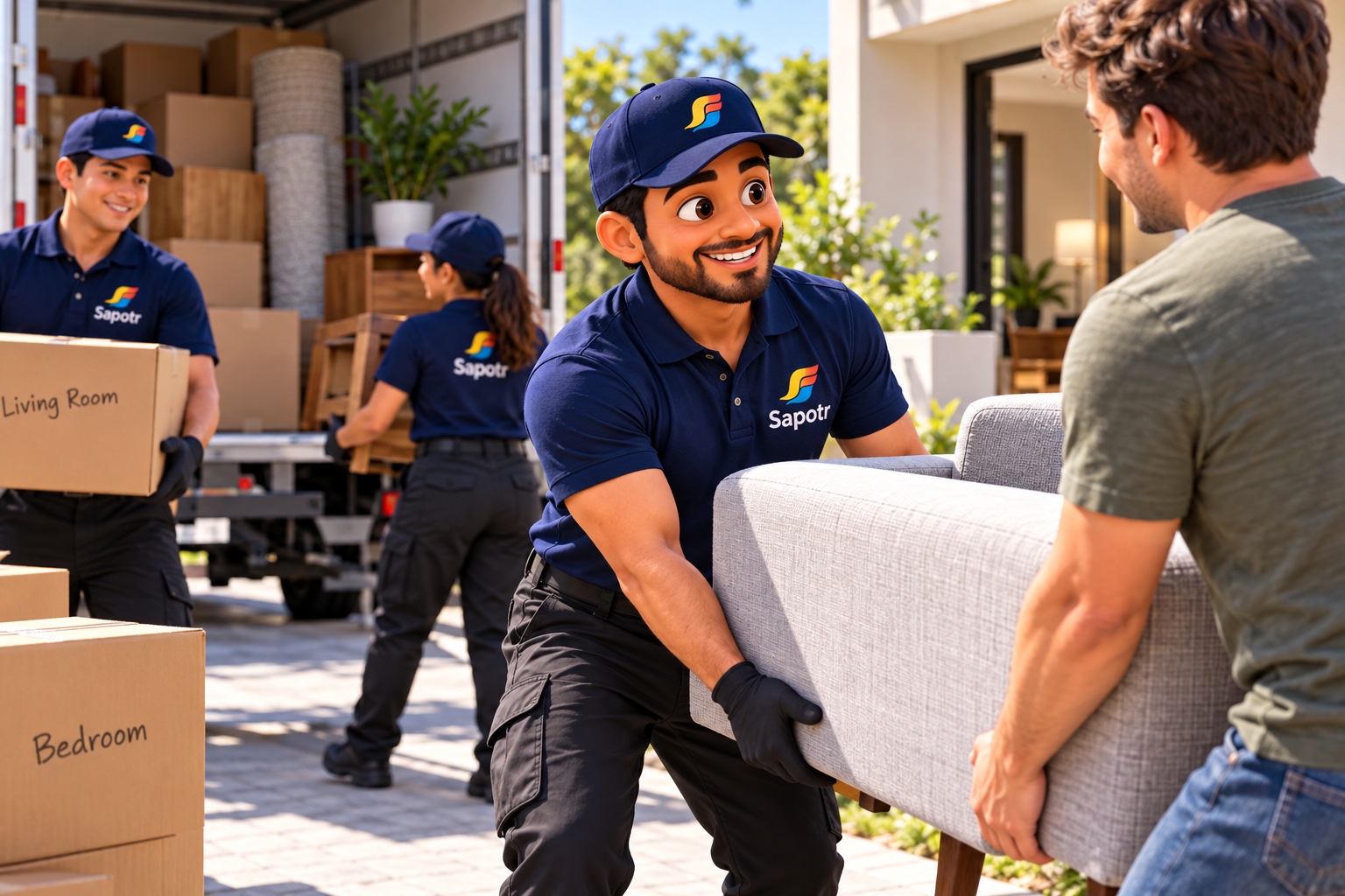 Two movers carrying boxes through a bright empty room