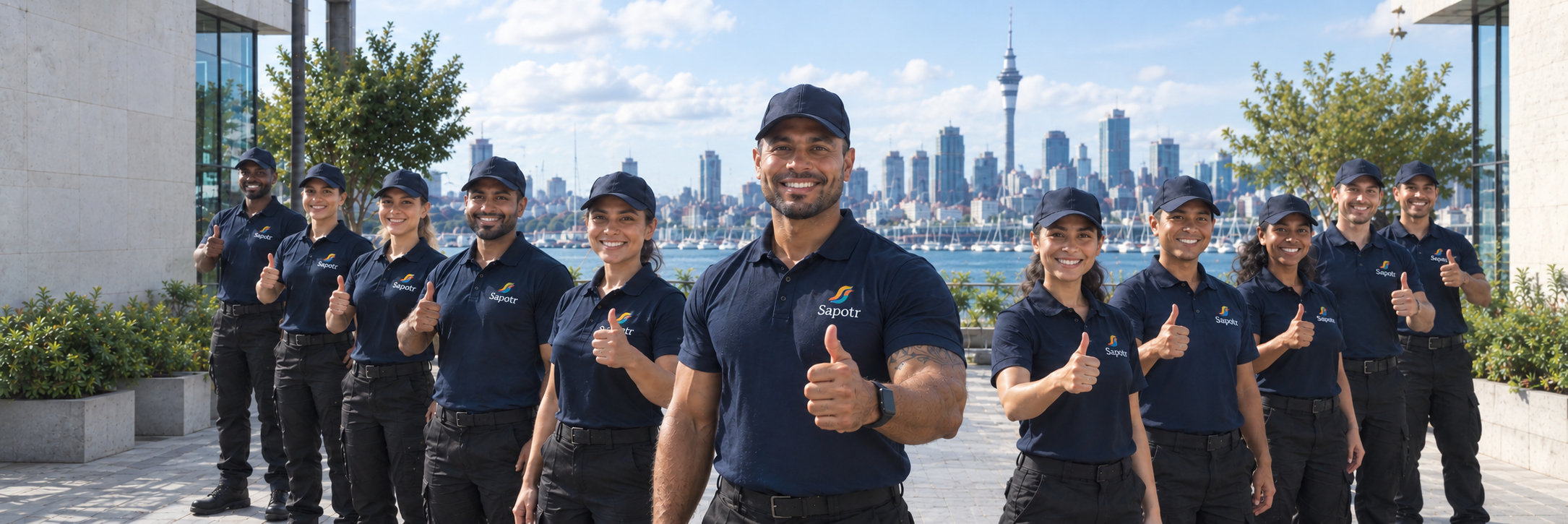 A line of SAPOTRs giving a thumbs up on the Auckland waterfront, the Sky Tower behind them