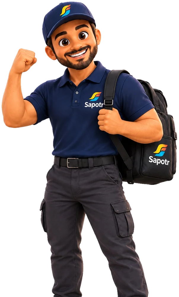 A SAPOTR with a backpack, smiling and flexing his arm