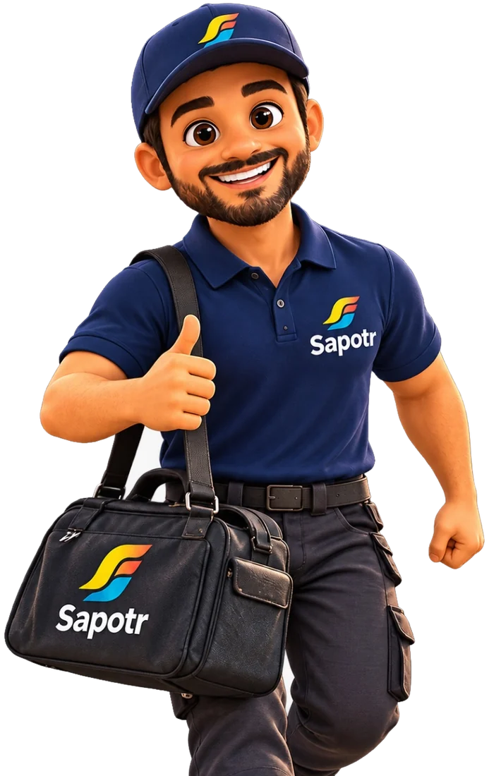 A smiling SAPOTR in a navy SAPOTR cap and polo, carrying a work bag and giving a thumbs up