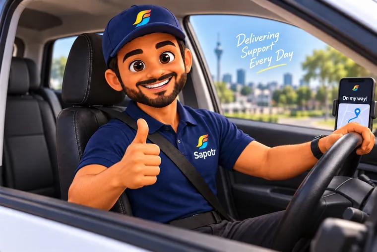 A SAPOTR at the wheel giving a thumbs up, a navigation app on the dashboard phone